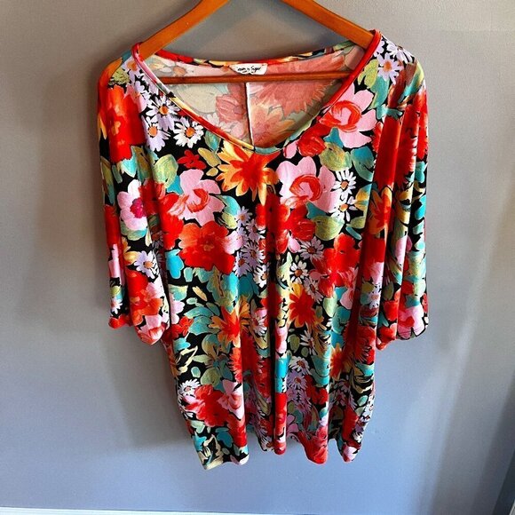 Cream & Sugar T-Shirt Floral Colourful Made in USA Plus Size 2X - Picture 1 of 8